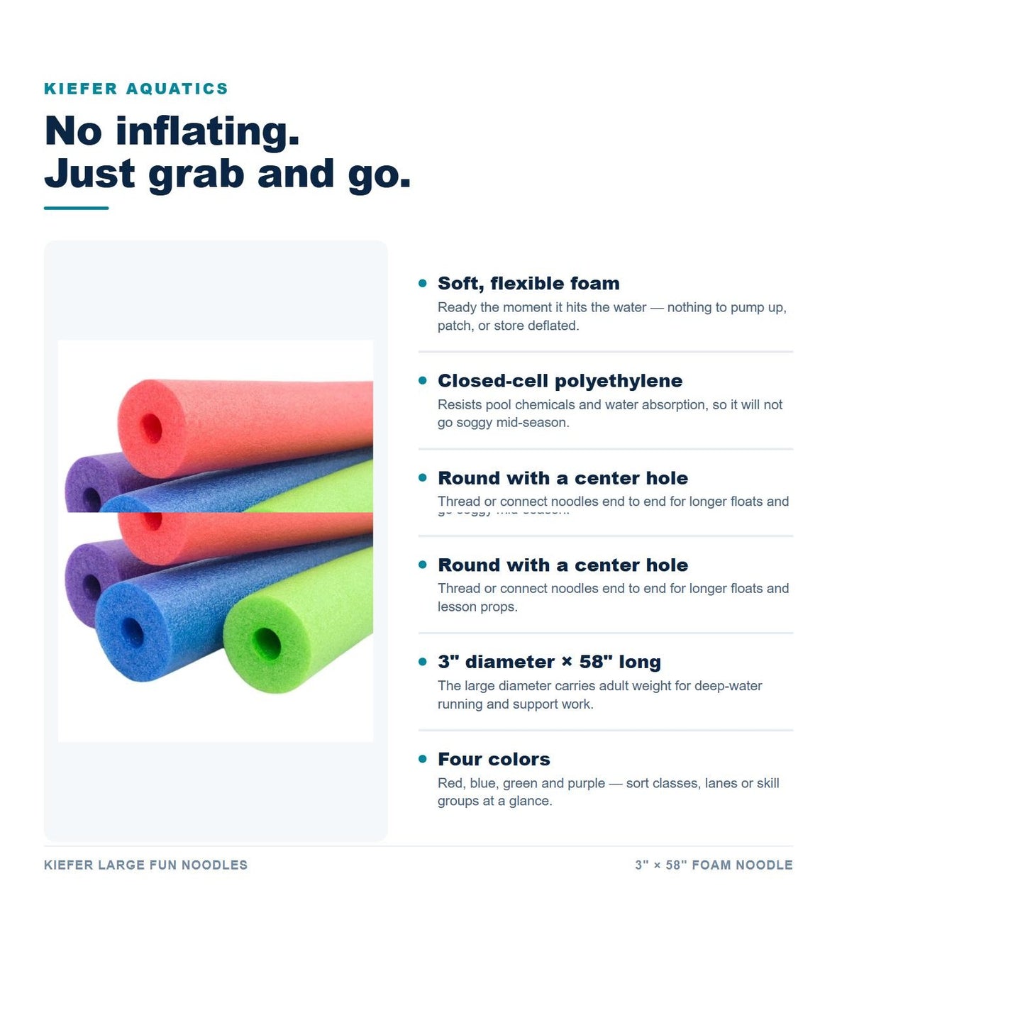 Kiefer Large Fun Noodles features: soft closed-cell polyethylene foam, center hole, 3 inch by 58 inch size, four colors