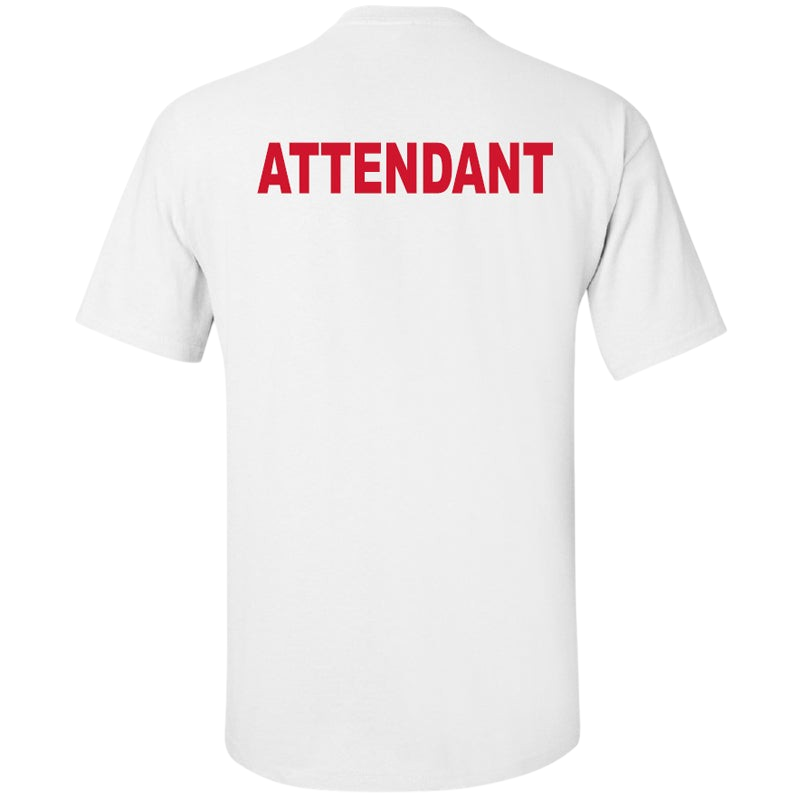 The Lifeguard Store white cotton short-sleeve t-shirt with red ATTENDANT lettering printed on the back