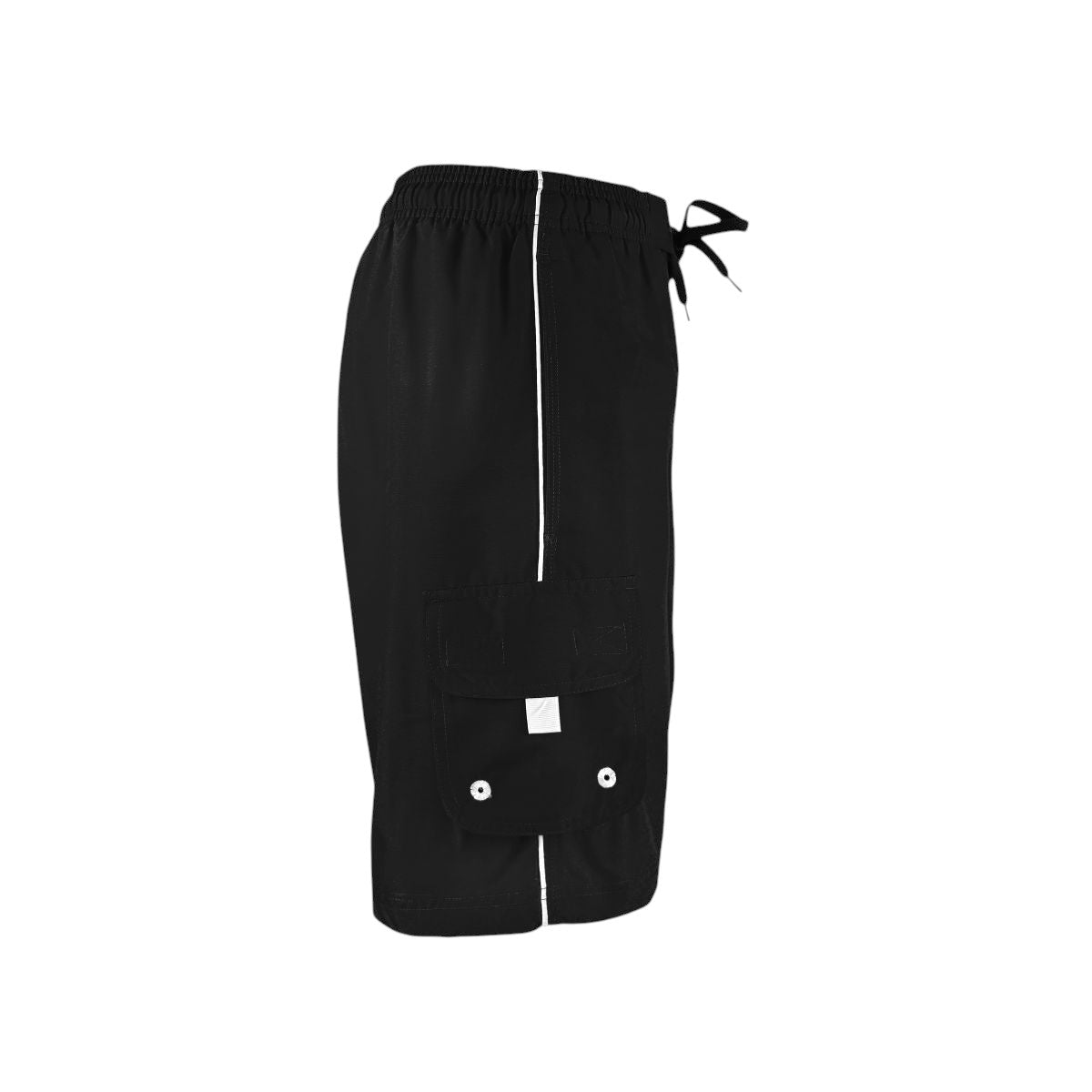 The Lifeguard Store black polyester board shorts with white piping detail, cargo pocket, and drawstring.