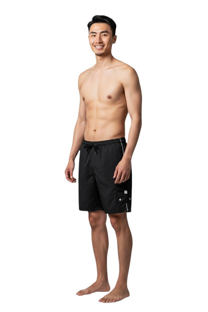 The Lifeguard Store black polyester board shorts with white piping, drawstring, and cargo pocket. UPF30+ protection.