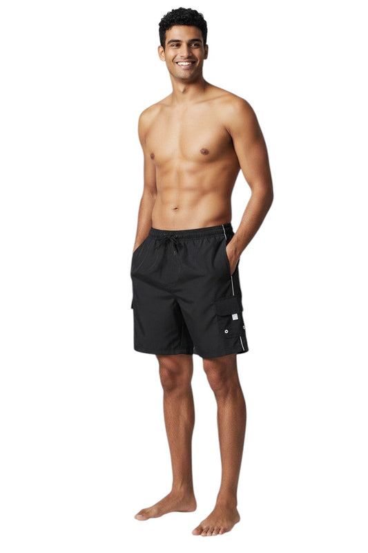 The Lifeguard Store black polyester board shorts with white piping and cargo pocket.
