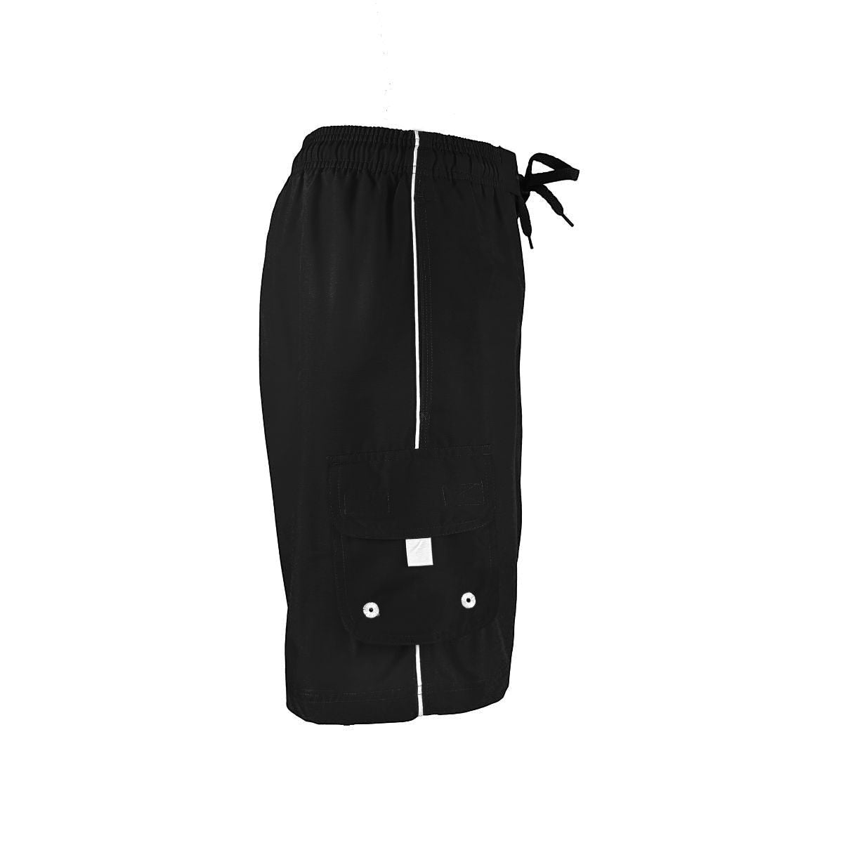 The Lifeguard Store black polyester board shorts with white piping, cargo pocket, and drawstring.
