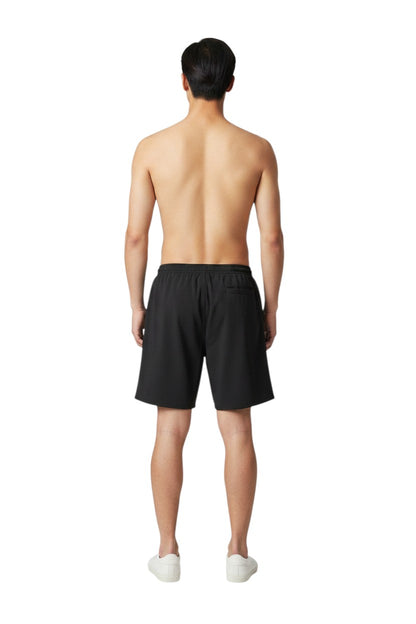 The Lifeguard Store black polyester board shorts with liner, elastic waistband, drawstring, and cargo pocket.