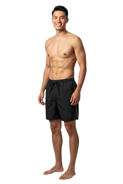 The Lifeguard Store black polyester board shorts with white piping and built-in liner. Features drawstring waist and cargo pocket.