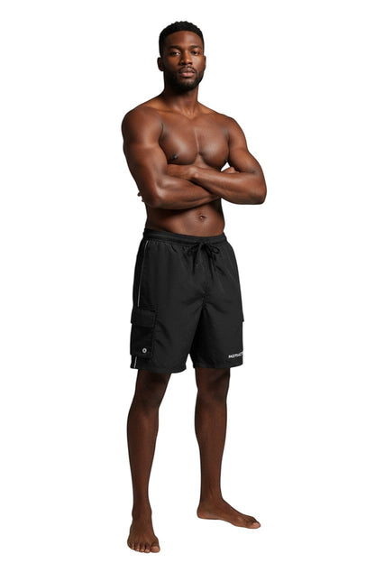 The Lifeguard Store black polyester board shorts with liner, elastic waistband, drawstring, cargo pocket, and 7" inseam.