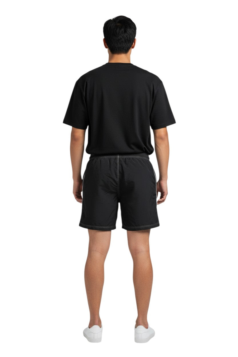 The Lifeguard Store black polyester spandex boardshorts with drawstring, contrast stitching, and side pocket.