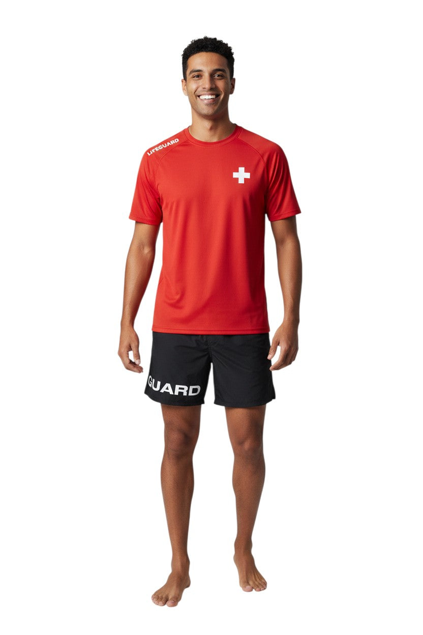 The Lifeguard Store black 4-way stretch unisex lifeguard deck shorts with "GUARD" printed on the left leg.
