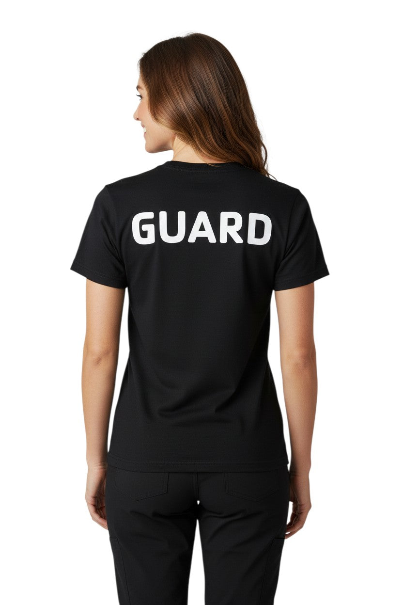 The Lifeguard Store black polyester Dri-Fit tee with white GUARD logo on back. Short sleeves, crew neck.