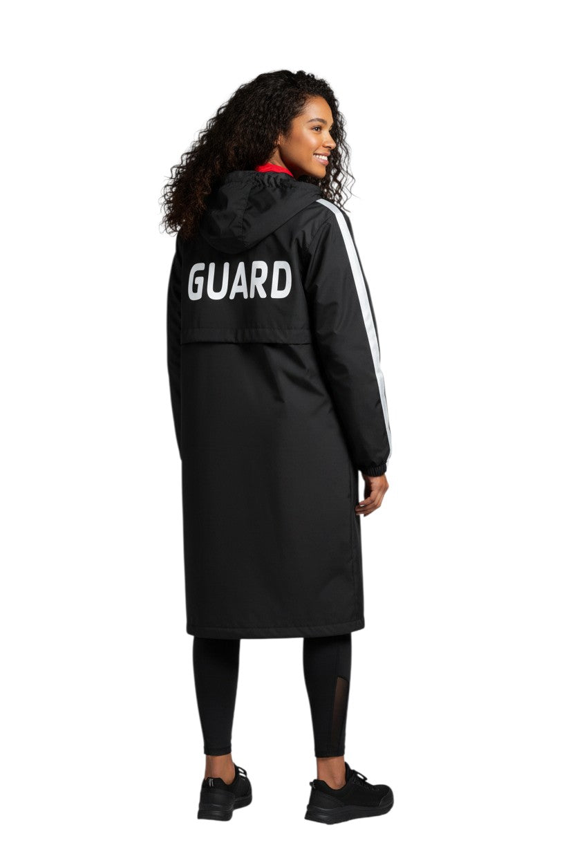 The Lifeguard Store black nylon parka with white stripe accents on sleeves and "GUARD" text on back. Water-resistant with fleece lining.