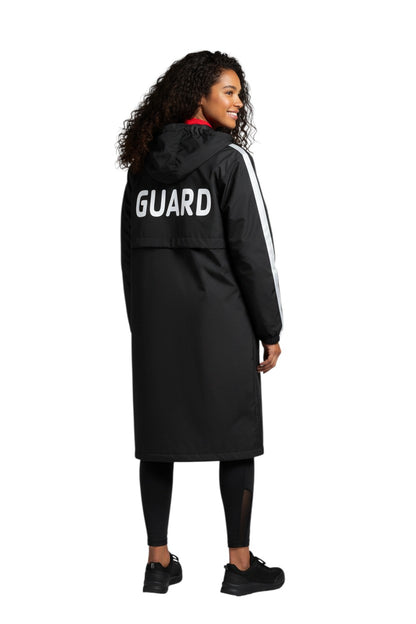 The Lifeguard Store black nylon parka with white stripe accents on sleeves and "GUARD" text on back. Water-resistant with fleece lining.