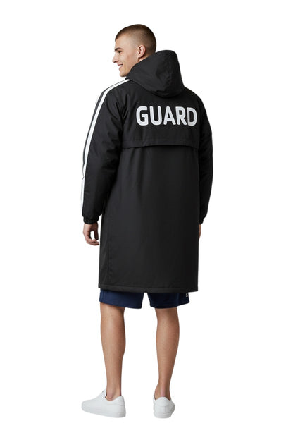 The Lifeguard Store black nylon parka with white stripe accents on sleeves and "GUARD" text on back. Water-resistant with fleece lining.