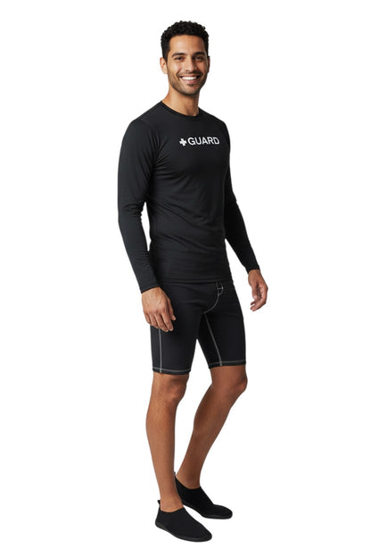 The Lifeguard Store black long sleeve crewneck rashguard with "+ GUARD" graphic. Made of poly-spandex blend with UPF50+ protection.