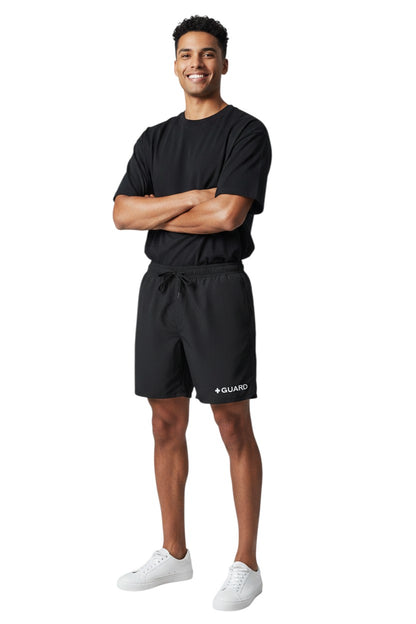 The Lifeguard Store black polyester 5" inseam swim shorts with liner and drawstring waist. Features UPF30+ protection.