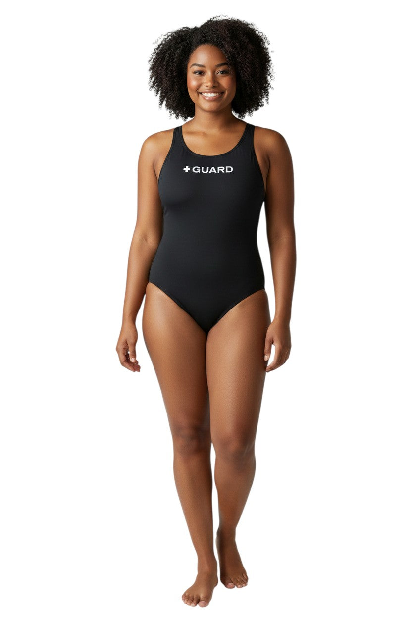 The Lifeguard Store black poly-stretch one-piece swimsuit with shelf bra and + GUARD logo