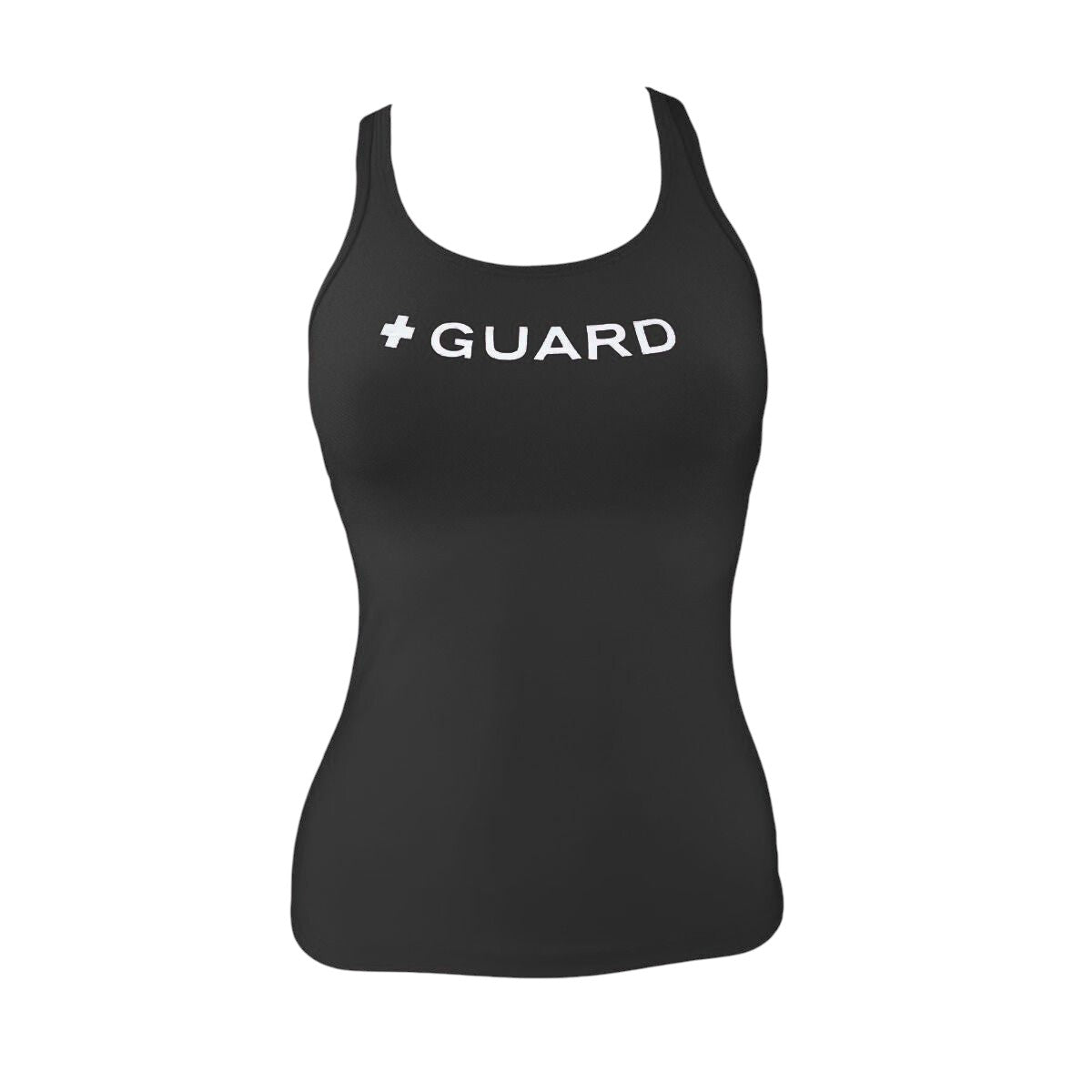 The Lifeguard Store black racer back tankini top with white + GUARD text. Made of poly-spandex blend with UPF50+ protection.