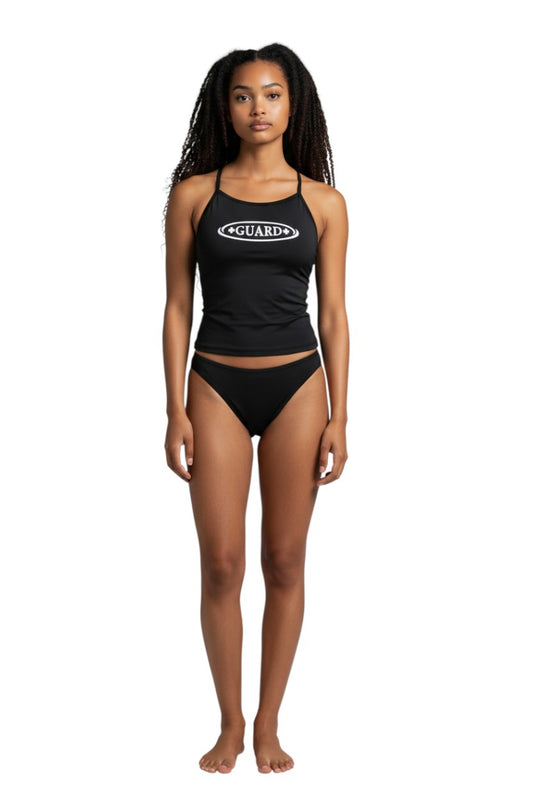 The Lifeguard Store black RISE Guard poly workout tankini with white GUARD logo on a model