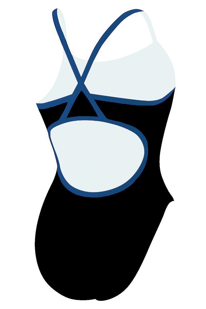 The Lifeguard Store black one-piece swimsuit with light blue panels and navy trim, H-back design.