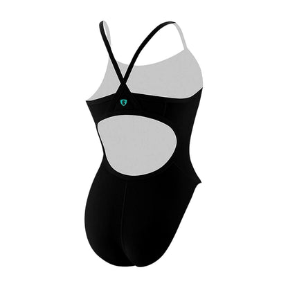 The Lifeguard Store black polyester-spandex H-back one piece swimsuit with a teal logo.