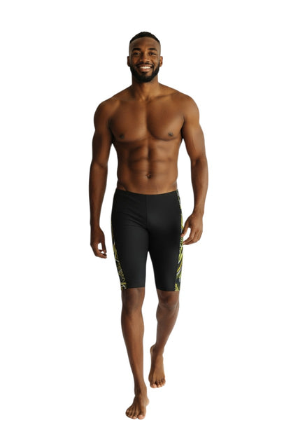 The Lifeguard Store black jammer swimsuit with yellow and white helix design on the side. Made of 91% Polyester/9% Spandex.