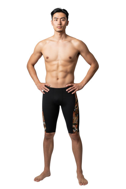 The Lifeguard Store RISE Sandies Helix Poly Jammer swimsuit in black with orange and white abstract helix design on the side. Made of 91% Polyester/9% Spandex.