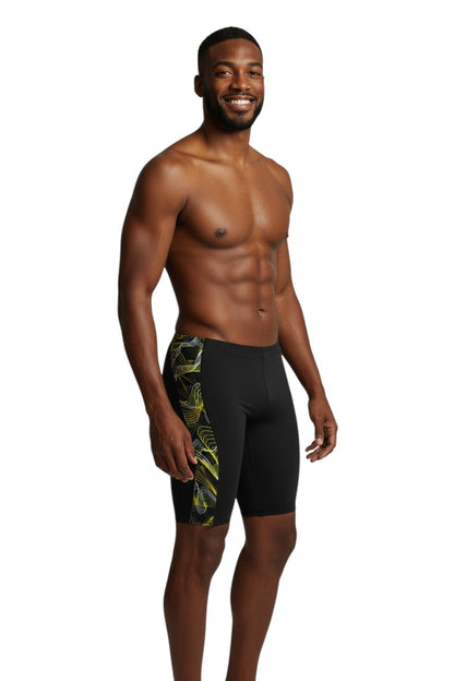 The Lifeguard Store black jammer swimsuit with yellow and white helix design on the side. Polyester/Spandex blend.