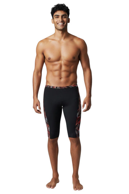 The Lifeguard Store black jammer swimsuit with Helix design on sides, made of 91% Polyester/9% Spandex blend.