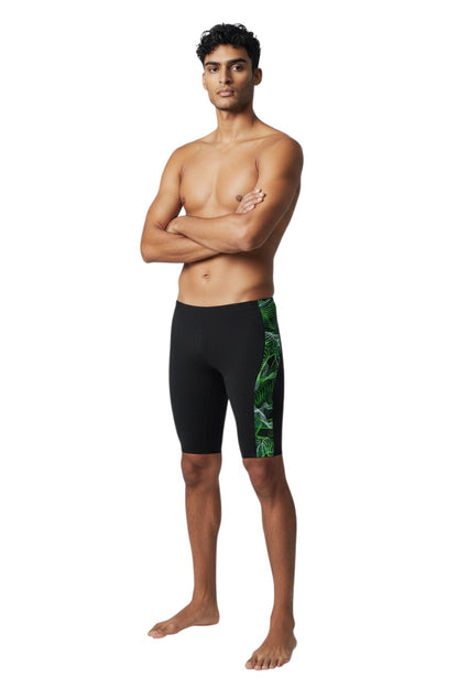 The Lifeguard Store RISE Sandies Helix Poly Jammer swimsuit in black with green helix design on the side. Made of 91% Polyester/9% Spandex.