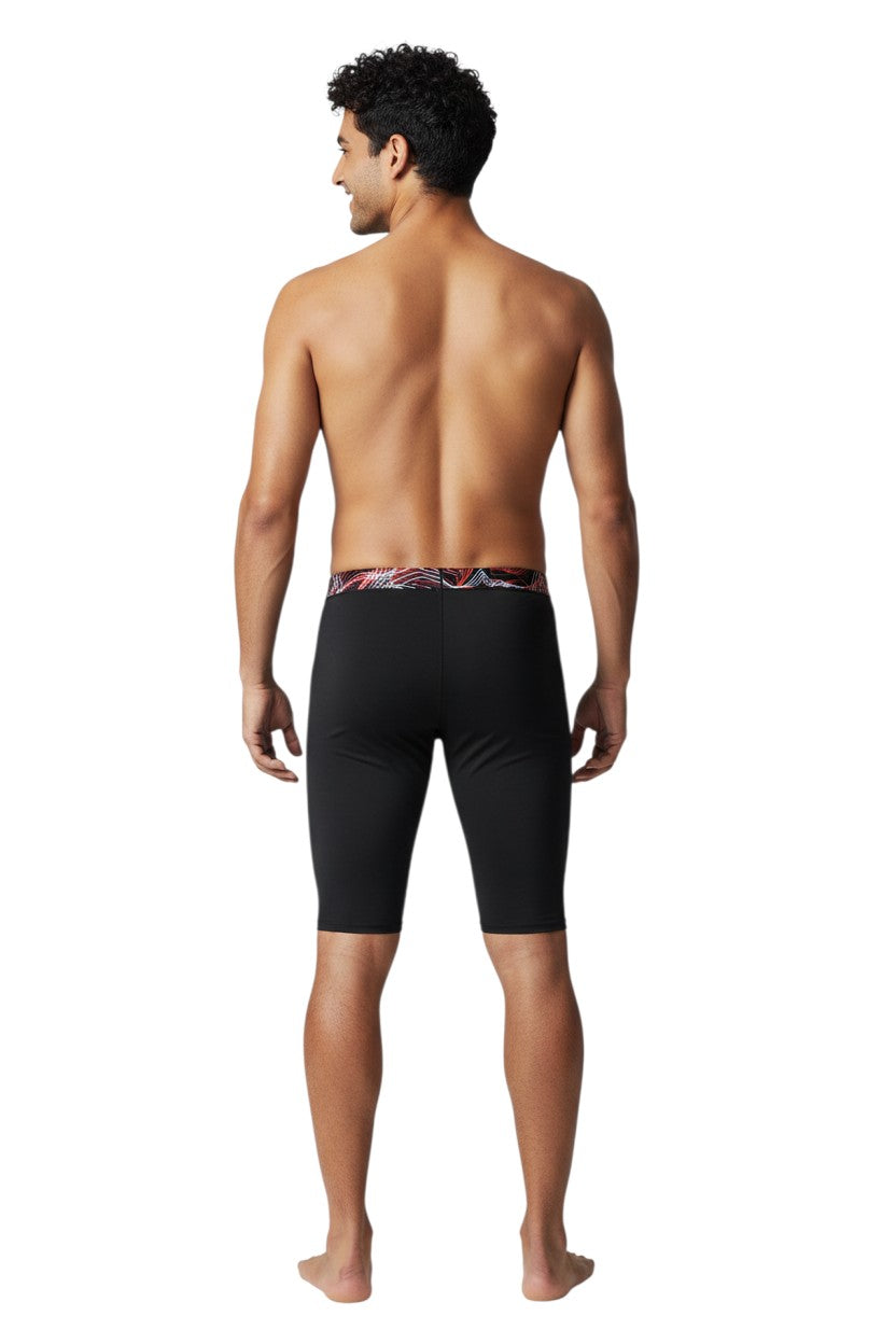 The Lifeguard Store black polyester spandex jammer swimsuit with red and white helix pattern waistband. Designed for competitive swimming.