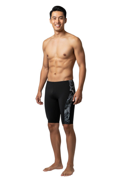 The Lifeguard Store black jammer swimsuit with a white helix pattern on the side. Made of 91% Polyester/9% Spandex.