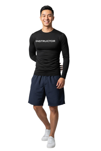 The Lifeguard Store black long sleeve rashguard with "INSTRUCTOR" printed on the chest. Made of poly stretch fabric.