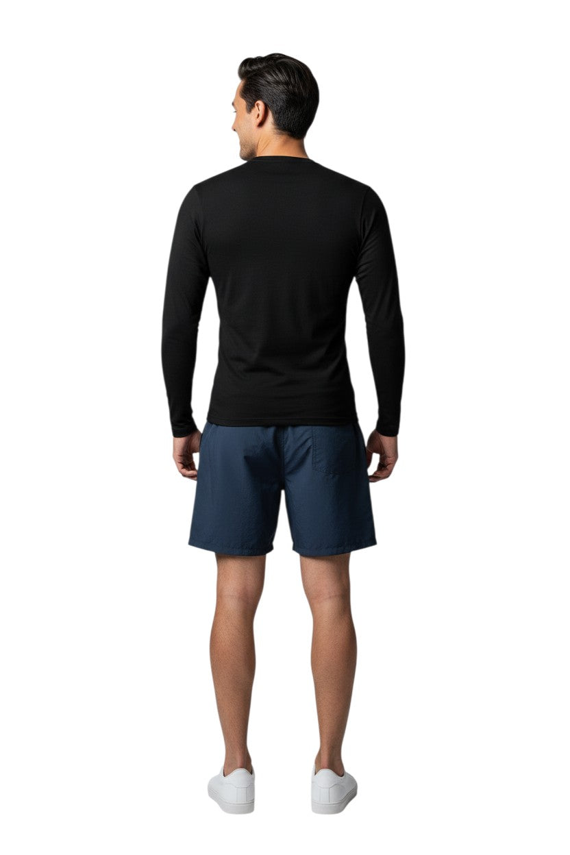 The Lifeguard Store black long sleeve rashguard with "INSTRUCTOR" printed in white on the chest. Made of poly-spandex blend.