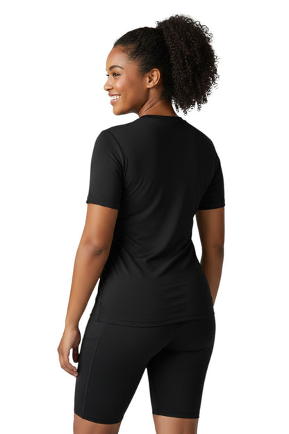 The Lifeguard Store black short sleeve crew neck rashguard with white "INSTRUCTOR" graphic on chest. Made of poly-spandex blend.