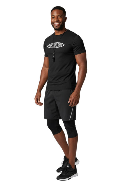 The Lifeguard Store black short sleeve crew neck rashguard with white "INSTRUCTOR" graphic. Made of poly-spandex for UPF50+ protection.