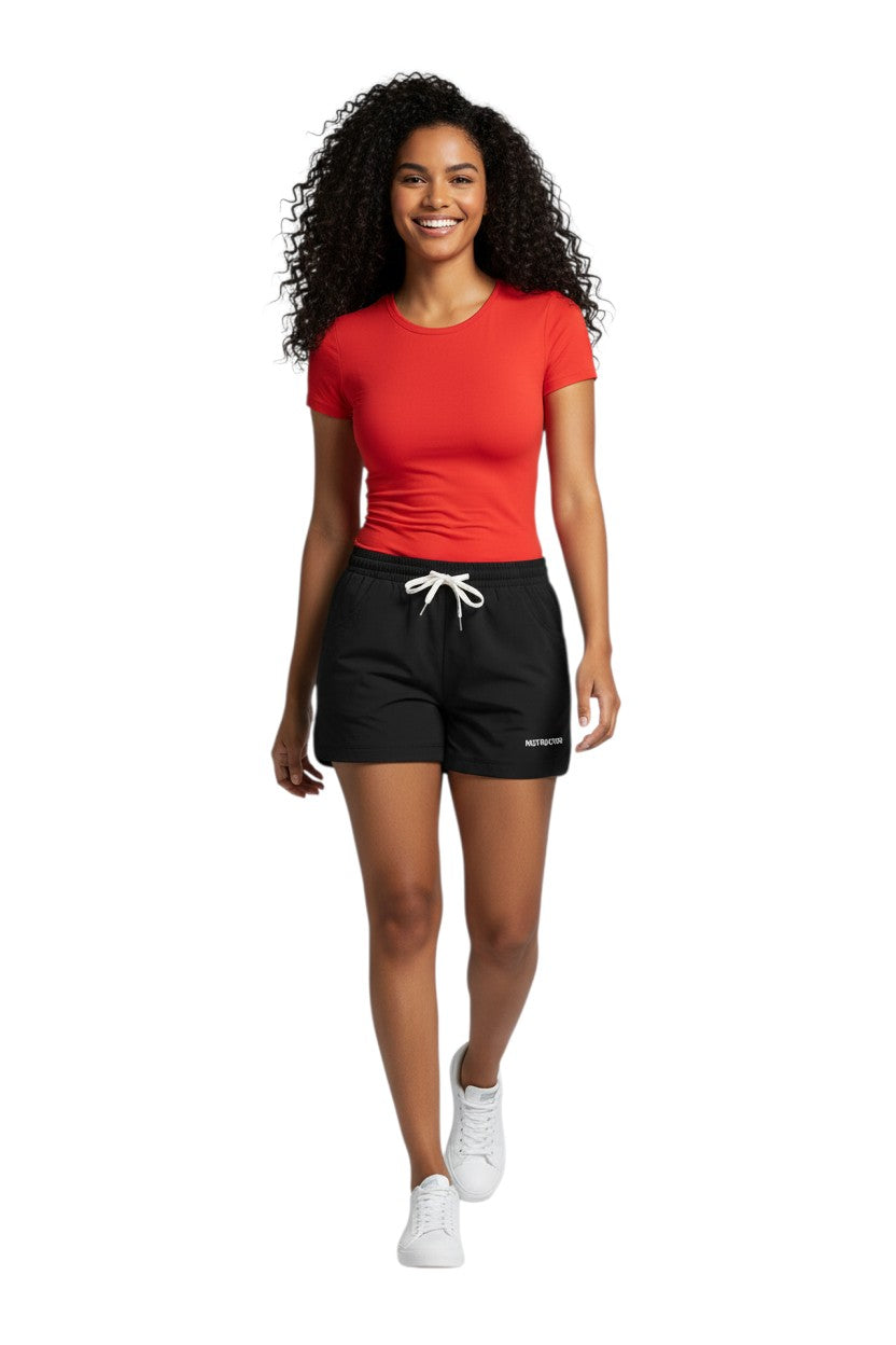 The Lifeguard Store black polyester instructor shorts with elastic waistband, drawstring, and two front pockets. UPF30+.