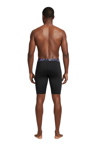 The Lifeguard Store black jammer swimsuit with a purple and white swirl pattern on the waistband. Made of 91% Polyester/9% Spandex.