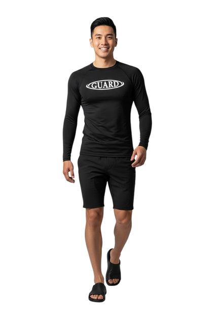 The Lifeguard Store black long sleeve crew neck rashguard with white GUARD logo on chest. Made of poly-spandex blend for UPF50+ protection.