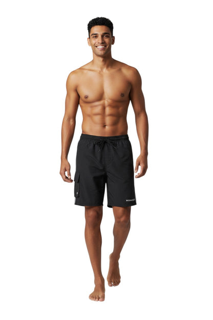 The Lifeguard Store black polyester Manager board shorts with drawstring, cargo pocket, and white trim.