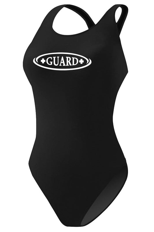 The Lifeguard Store RISE Guard MB Back w/Shelf Bra One Piece Swimwear in black polyester-spandex blend with shelf bra.