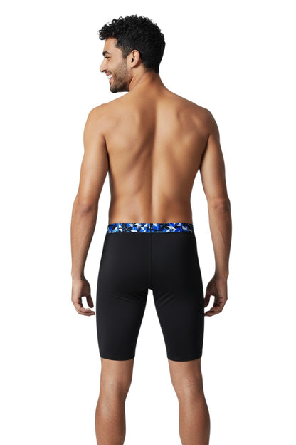 The Lifeguard Store black polyester jammer swimsuit with blue geometric waistband, UPF 50+ protection.