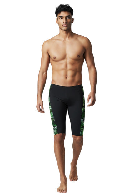The Lifeguard Store RISE Sandies Helix Poly Jammer swimsuit in black with green helix design on the side. Made of 91% Polyester/9% Spandex.