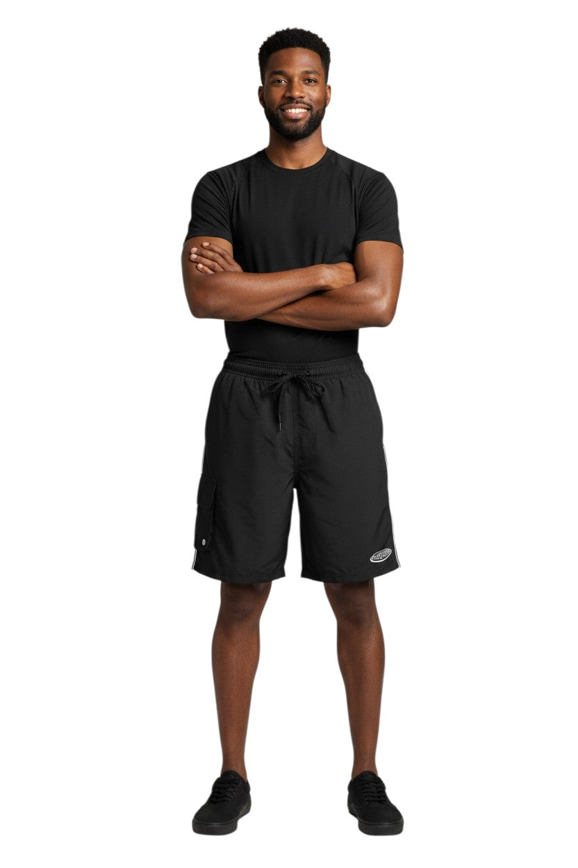 The Lifeguard Store black polyester board shorts with elastic waistband, drawstring, cargo pocket, and Supervisor logo. 7" inseam.