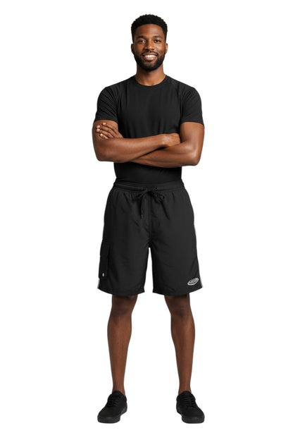The Lifeguard Store black polyester board shorts with elastic waistband, drawstring, cargo pocket, and Supervisor logo. 7" inseam.