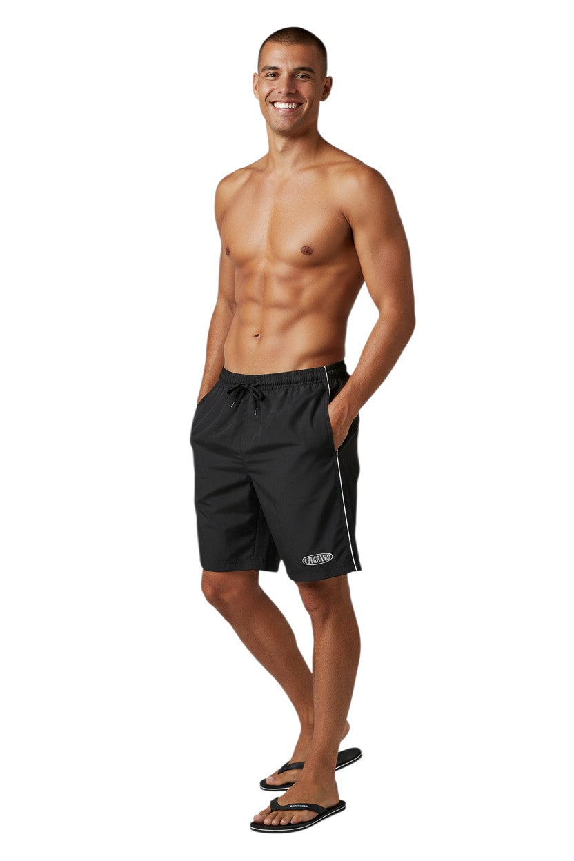 The Lifeguard Store black polyester board shorts with white piping and drawstring waist. Features 7" inseam and "Manager" logo.