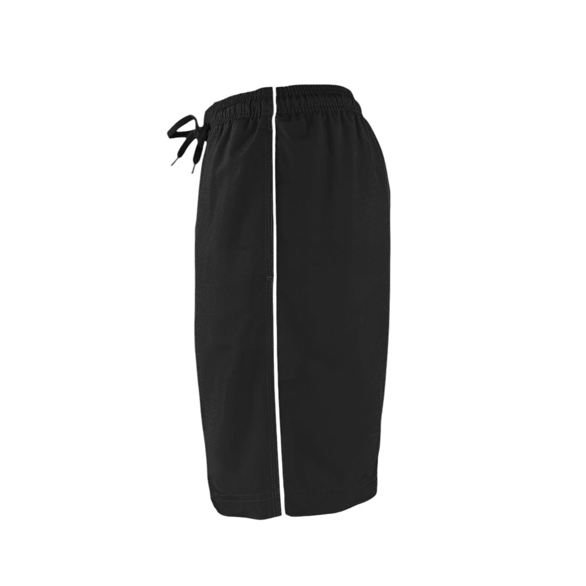 The Lifeguard Store Men's black polyester board shorts with white piping and drawstring waist. 7" inseam.