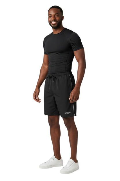 The Lifeguard Store black polyester board shorts with white piping and drawstring waist. Features supervisor logo.