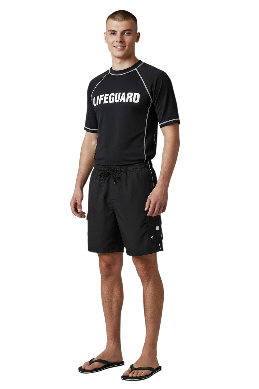 The Lifeguard Store black polyester board shorts with white piping and a velcro pocket. 7" inseam.