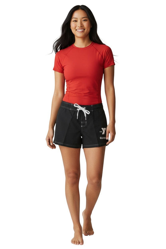 The Lifeguard Store black polyester swim shorts with 5" inseam, drawstring waist, side pocket, and YMCA Guard logo.