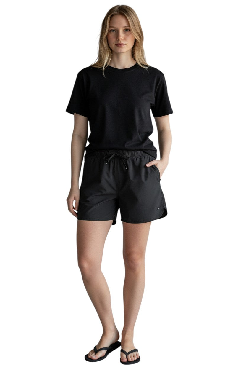 The Lifeguard Store black polyester 5" inseam shorts with elastic waistband and drawstring. Quick-dry fabric.