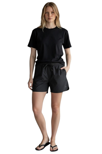The Lifeguard Store black polyester 5" inseam shorts with elastic waistband and drawstring. Quick-dry fabric.