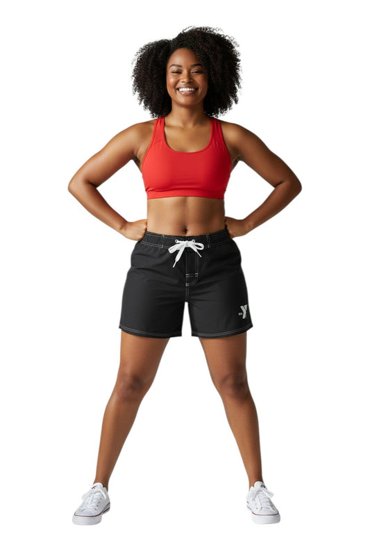 The Lifeguard Store black polyester swim shorts with 5" inseam, drawstring waist, side pocket, and YMCA logo.
